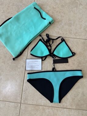 Triangle Bikini Set in Aqua with Black Trim - Women Swim
